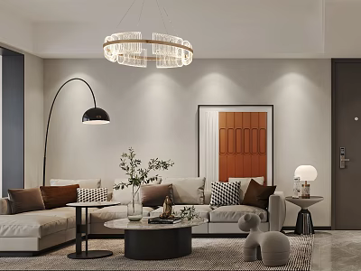 Modern Living Dining Room Interior With Beige Sofa Brown Cushions Crystal Chandelier Gray Rug 3d model