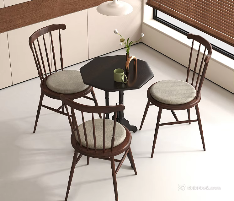 Three Wooden Leisure Chairs With Upholstered Seats And Small Table Indoor Setting 3d model 