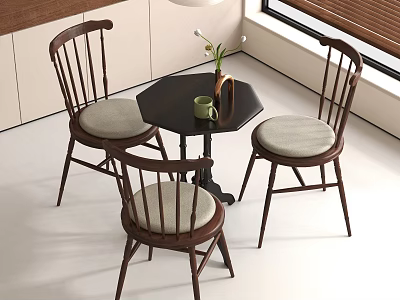 Three Wooden Leisure Chairs With Upholstered Seats And Small Table Indoor Setting 3d model