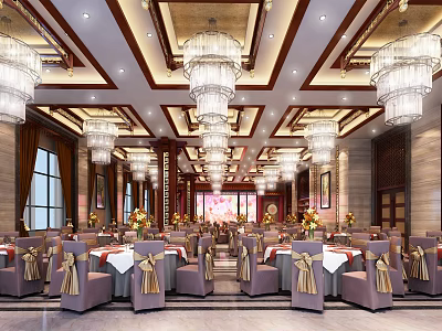 Elegant Banquet Hall Interior with Crystal Chandeliers Dining Tables and Gold Bow Chairs 3d model
