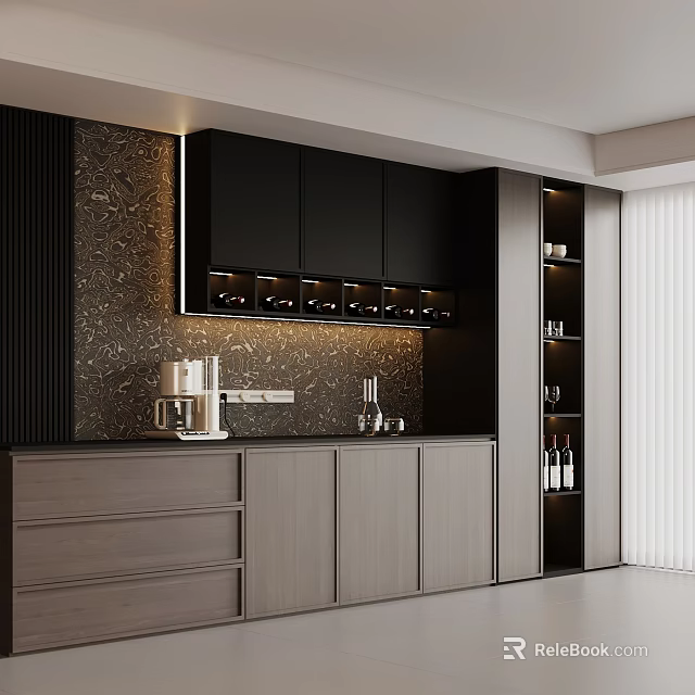 Modern Wine Cabinet With Gray Cabinets Marble Backsplash Lighting And Open Shelves 3d model 