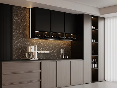 Modern Wine Cabinet With Gray Cabinets Marble Backsplash Lighting And Open Shelves 3d model