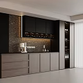 Modern Wine Cabinet With Gray Cabinets Marble Backsplash Lighting And Open Shelves
