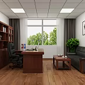 Office Interior With Wooden Furniture Sofa Coffee Table Desk Bookshelf And Calligraphy Painting