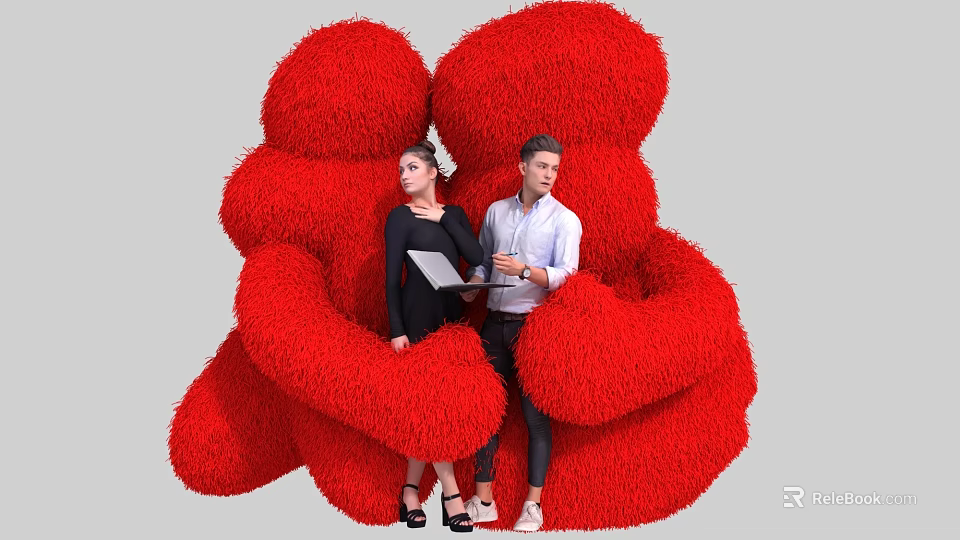 Large Red Plush Hug Shaped Art Installation With Two People Standing In Front 3d model 