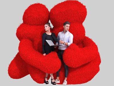 Large Red Plush Hug Shaped Art Installation With Two People Standing In Front 3d model