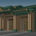 Traditional Style Entrance Gate With Green Roof Golden Decorations And Carved Door Panels