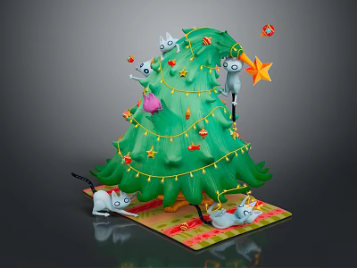 Decorative Christmas Tree With Mice String Lights Star Ornaments And Gifts On Carpet 3d model