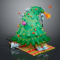 Decorative Christmas Tree With Mice String Lights Star Ornaments And Gifts On Carpet