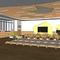 Bright Kindergarten Classroom With Wooden Flooring Yellow Green Storage Cabinets Children's Beds And Tables Chairs