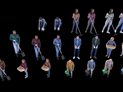 Group of People Holding Shovels and Carrying Boxes in Various Working Poses 3d model