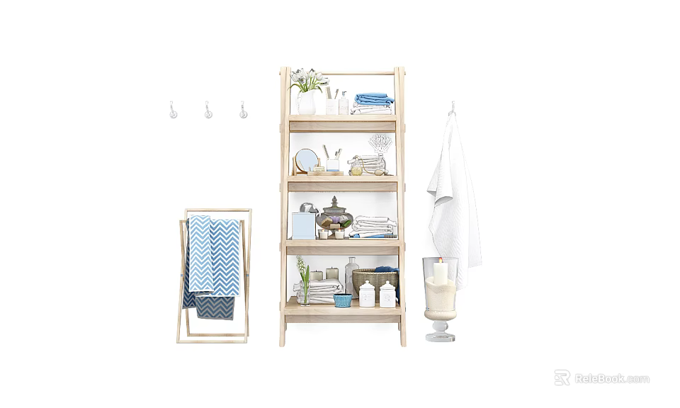 Stylish Bathroom Accessories on Wooden Shelf with Towels and Decorative Storage Items 3d model 