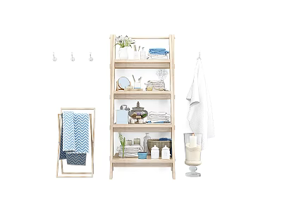 Stylish Bathroom Accessories on Wooden Shelf with Towels and Decorative Storage Items 3d model