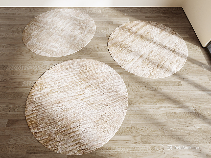 Three Light Toned Textured Round Rugs Placed On Wooden Floor Interior 3d model 