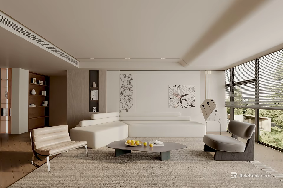 Modern Living Room With Light Colored Sofa Round Coffee Table Decorative Painting And Large Windows 3d model 