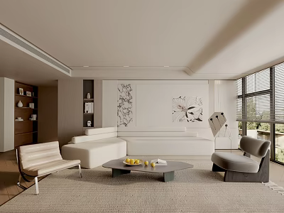 Modern Living Room With Light Colored Sofa Round Coffee Table Decorative Painting And Large Windows 3d model