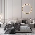 Modern Double Bed Bedroom Interior With Soft Pillows Cozy Blanket Nightstands And City View Windows