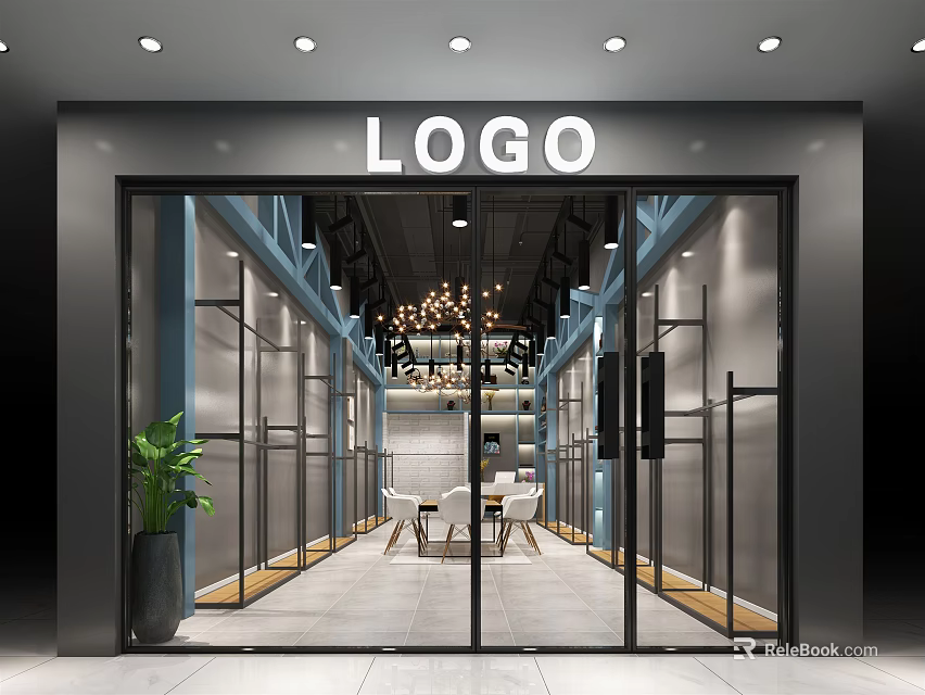 Modern Retail Store With Glass Facade Clothing Racks Chandelier Tables Chairs And Green Plant 3d model 