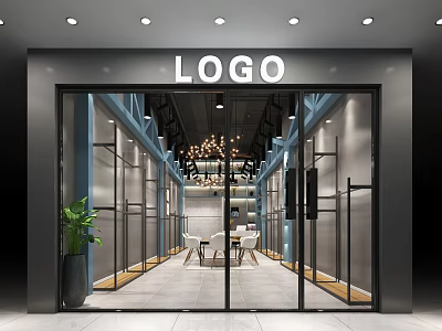 Modern Retail Store With Glass Facade Clothing Racks Chandelier Tables Chairs And Green Plant 3d model
