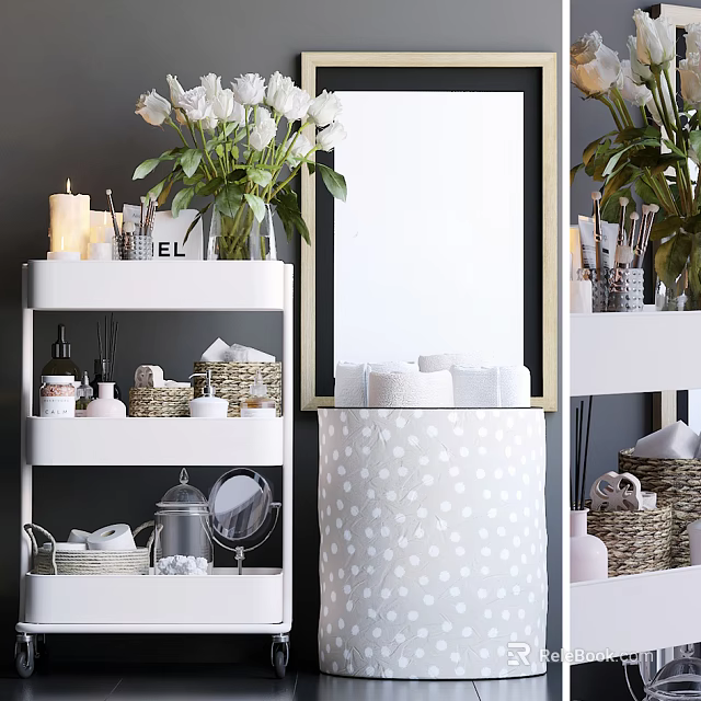 Stylish Bathroom Accessories Organized On Shelf With Towel Wicker Basket And Mirror 3d model 