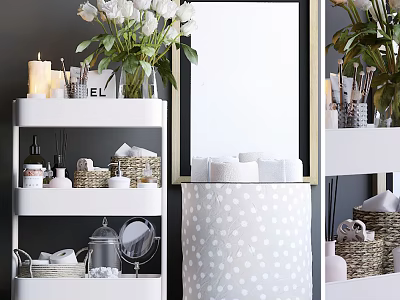 Stylish Bathroom Accessories Organized On Shelf With Towel Wicker Basket And Mirror 3d model