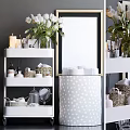 Stylish Bathroom Accessories Organized On Shelf With Towel Wicker Basket And Mirror