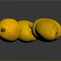 Four Fresh Yellow Lemons On Shiny Dark Surface With Reflections And Natural Texture