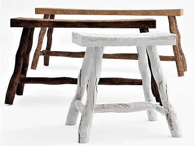 Natural Rustic Side Tables With Wooden Log Legs In White And Brown Tones 3d model
