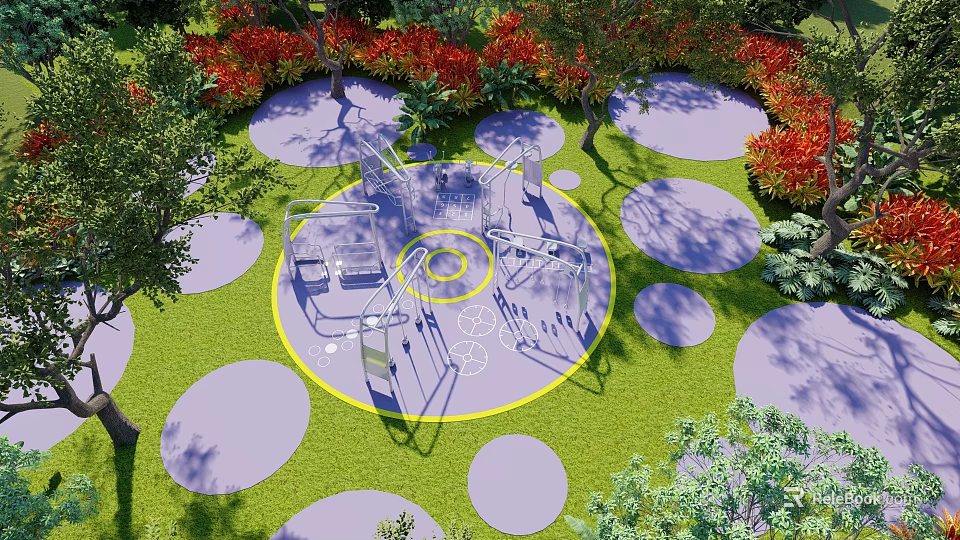 Park Landscape Featuring Green Lawn Circular Paved Areas Playground Equipment Trees And Red Flower Bushes 3d model 