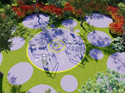 Park Landscape Featuring Green Lawn Circular Paved Areas Playground Equipment Trees And Red Flower Bushes 3d model