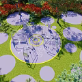 Park Landscape Featuring Green Lawn Circular Paved Areas Playground Equipment Trees And Red Flower Bushes