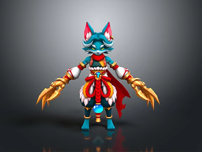 Blue Feline Character Creature With Pointed Ears Red Cape Golden Claws Gemstone Decoration Fantasy Design 3d model