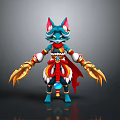 Blue Feline Character Creature With Pointed Ears Red Cape Golden Claws Gemstone Decoration Fantasy Design