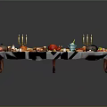 Abundant Assorted Dishes Fruits And Drinks On Long Table With Tablecloth And Wooden Legs