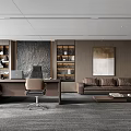 Modern Office Interior With Open Layout Desk Sofa Bookshelves Green Plant Artwork And Gray Carpet