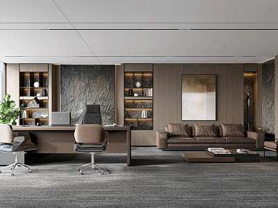 Modern Office Interior With Open Layout Desk Sofa Bookshelves Green Plant Artwork And Gray Carpet 3d model