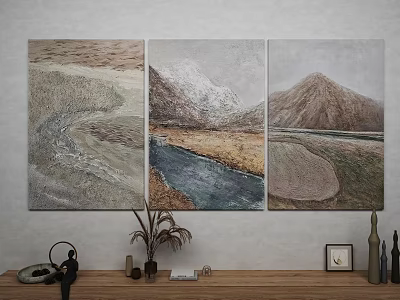 Three Panel Mountain Landscape Paintings Hanging On Wall With Wooden Shelf Decorative Items 3d model