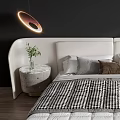 Modern Upholstered Double Bed With Plaid Blanket Pillows Side Tables And Pendant Lights