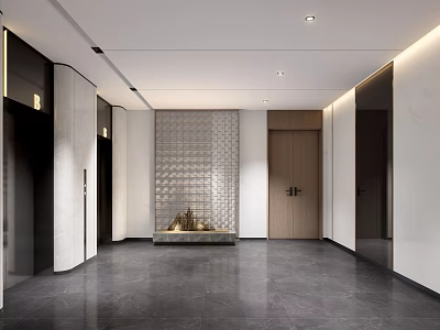 Modern Hotel Elevator Lobby With Marble Floor Decorative Wall And Ambient Lighting 3d model