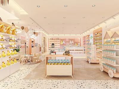 Cute Specialty Store Interior With Yellow Duck Toys Shelves Display Counters And Pink White Decor 3d model