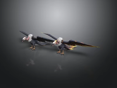 Two Eagles Spreading Wings With White Heads And Yellow Wing Edges Against Black Background 3d model
