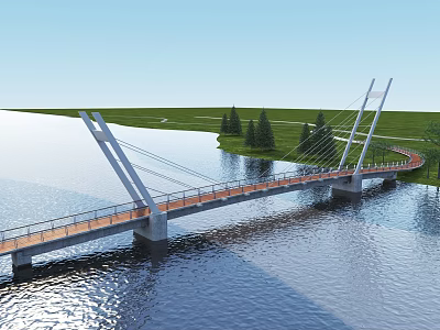 Modern Cable Stayed Landscape Bridge Over Water With Green Grass And Trees 3d model