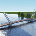 Modern Cable Stayed Landscape Bridge Over Water With Green Grass And Trees 3d model