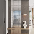 Modern Bathroom with Frosted Glass Block Wall Dark Wall Wooden Countertop and White Bear Decor