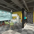 Modern Public Office Space Interior Design With Open Layout Colorful Bookshelves Tables And Lighting