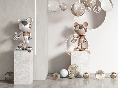 Modern Sculpture Carving Decor With Cartoon Astronaut Figures On Marble Pedestals And Spherical Decorations 3d model