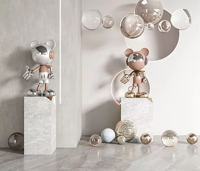 Modern Sculpture Carving Decor With Cartoon Astronaut Figures On Marble Pedestals And Spherical Decorations 3d model