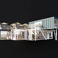 Modern Container Building With Terrace Umbrellas Plants And Spacious Open Design 3d model