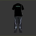 Black Short Sleeve Top With Green Details And Gray Pants With White Blue Accents