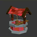 Pixel Style Well Structure With Red Roof Brown Supports And Wooden Bucket